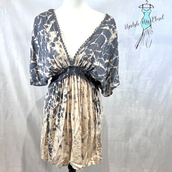 Blue Island steel blue and cream low vneck smocked dress size large - Picture 1 of 5